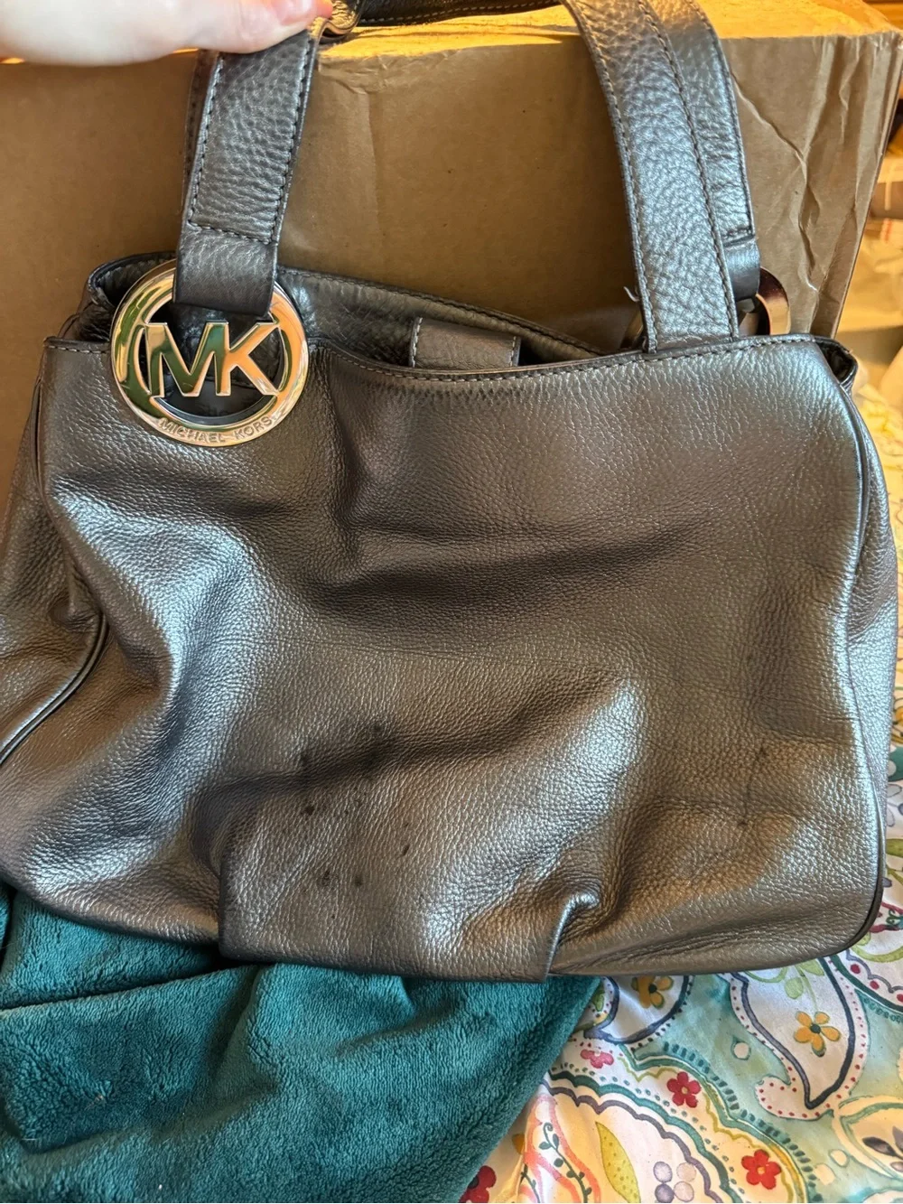 Michael Kors Silver Metallic Fulton Leather Shoulder Tote